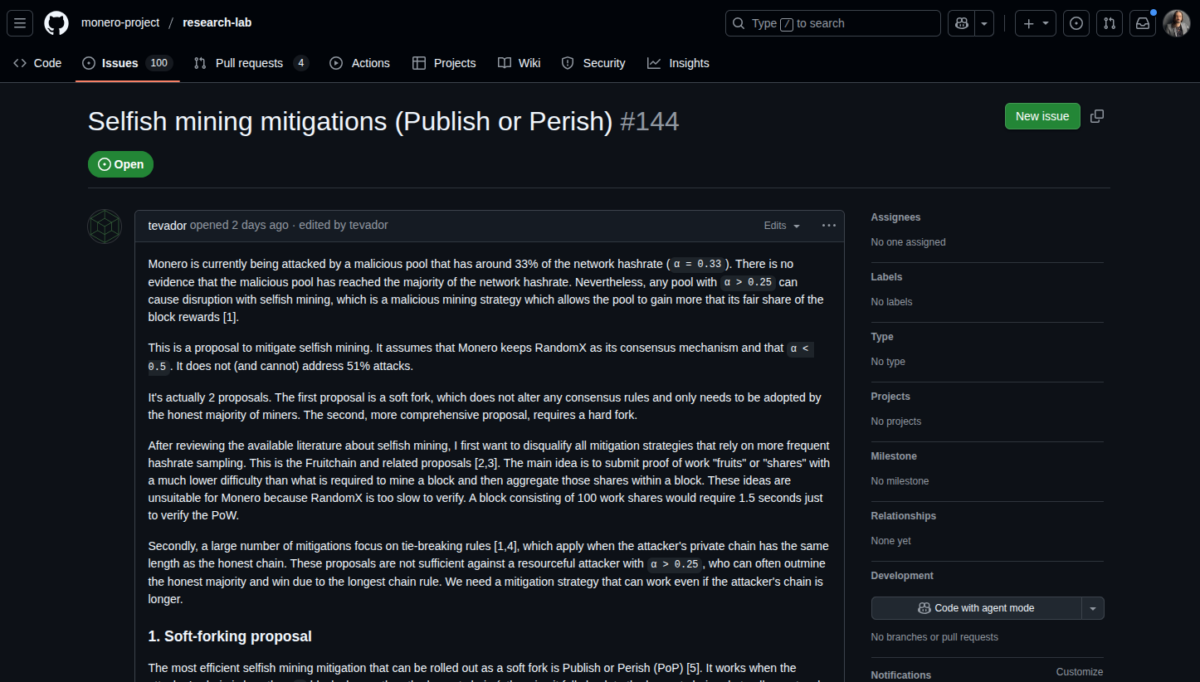 Selfish mining mitigations (Publish or Perish), issue #144 | Source: GitHub, moneroproject/research-lab