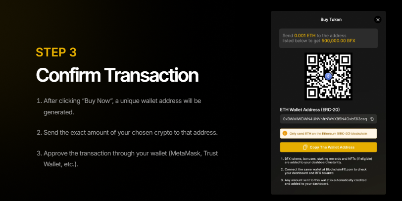 Confirm transaction step to buy BlockchainFX