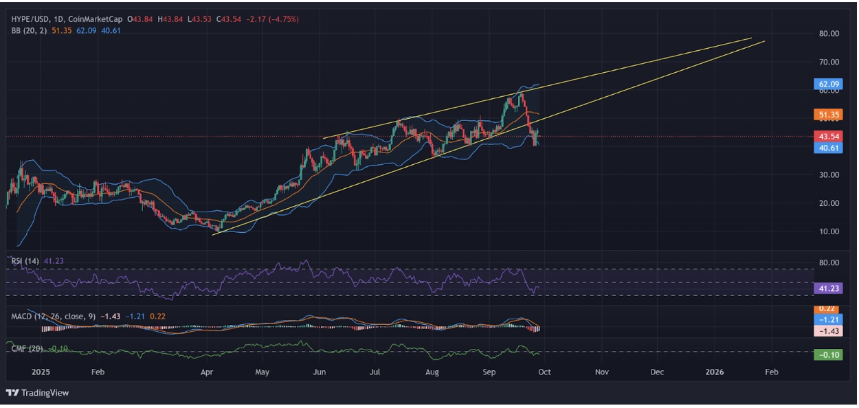 HYPE daily chart breaking down from rising wedge | Source: TradingView