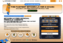 The Bitcoin Hyper presale website with information on the presale raise, staking rewards, and a countdown timer.