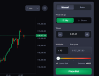 Bet slip for CoinFutures showing direction of your bet, your bet amount, and your multiplier