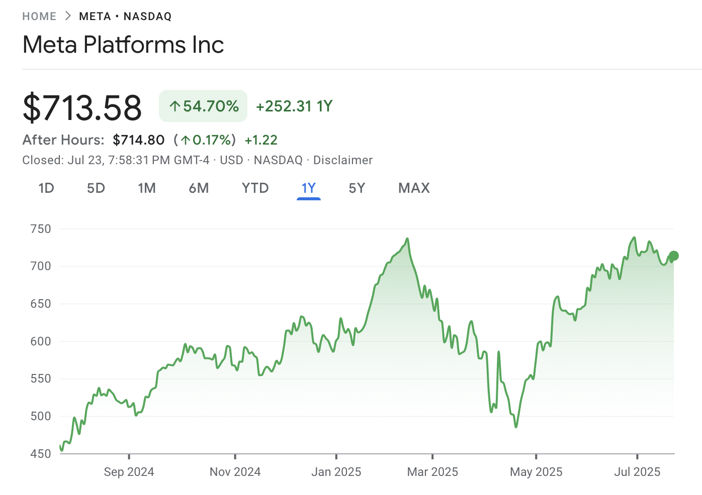 Meta Platforms Inc. stock 12-month performance. Source: Google Finance