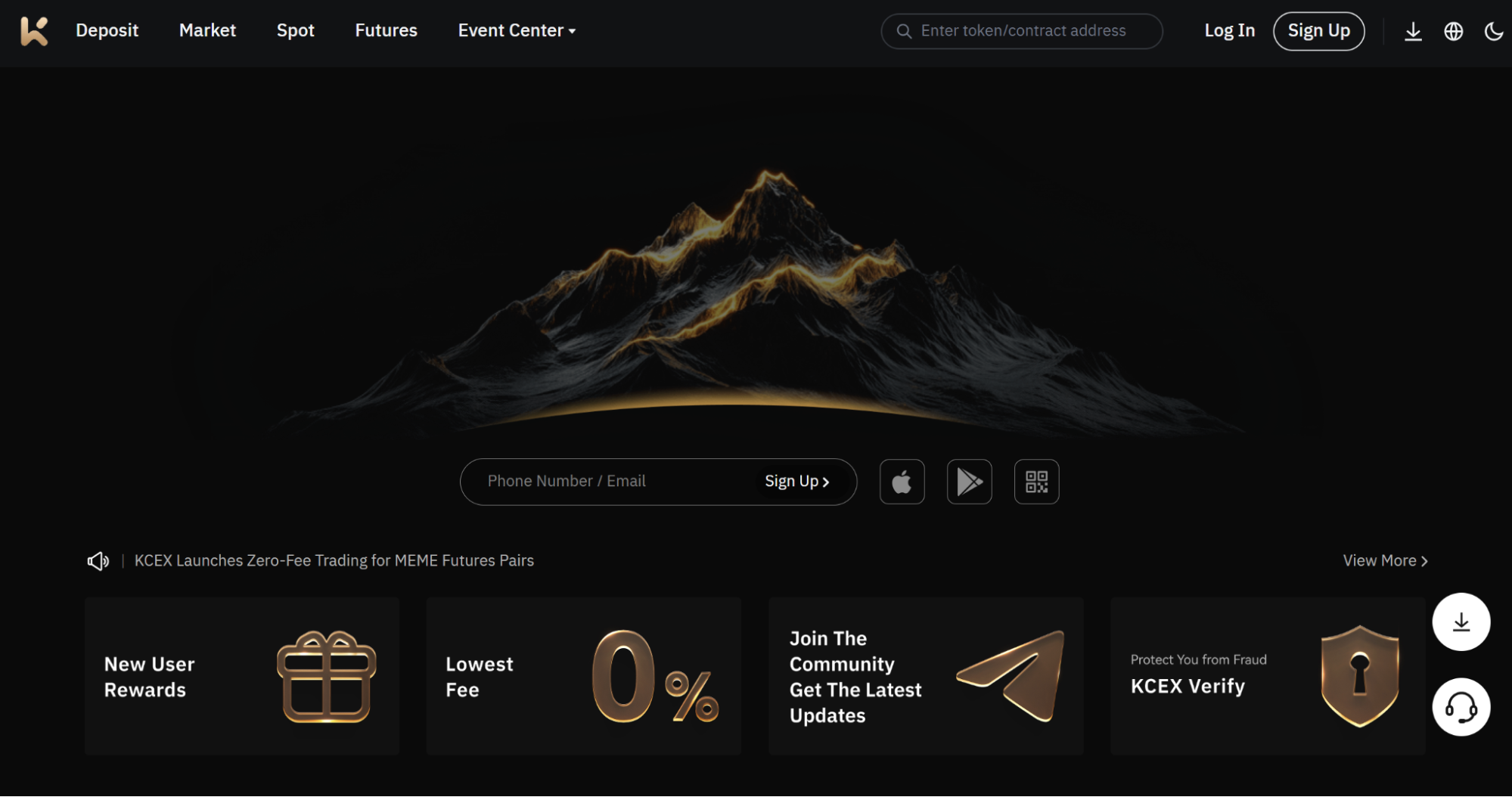 KCEX No-KYC crypto exchange homepage.