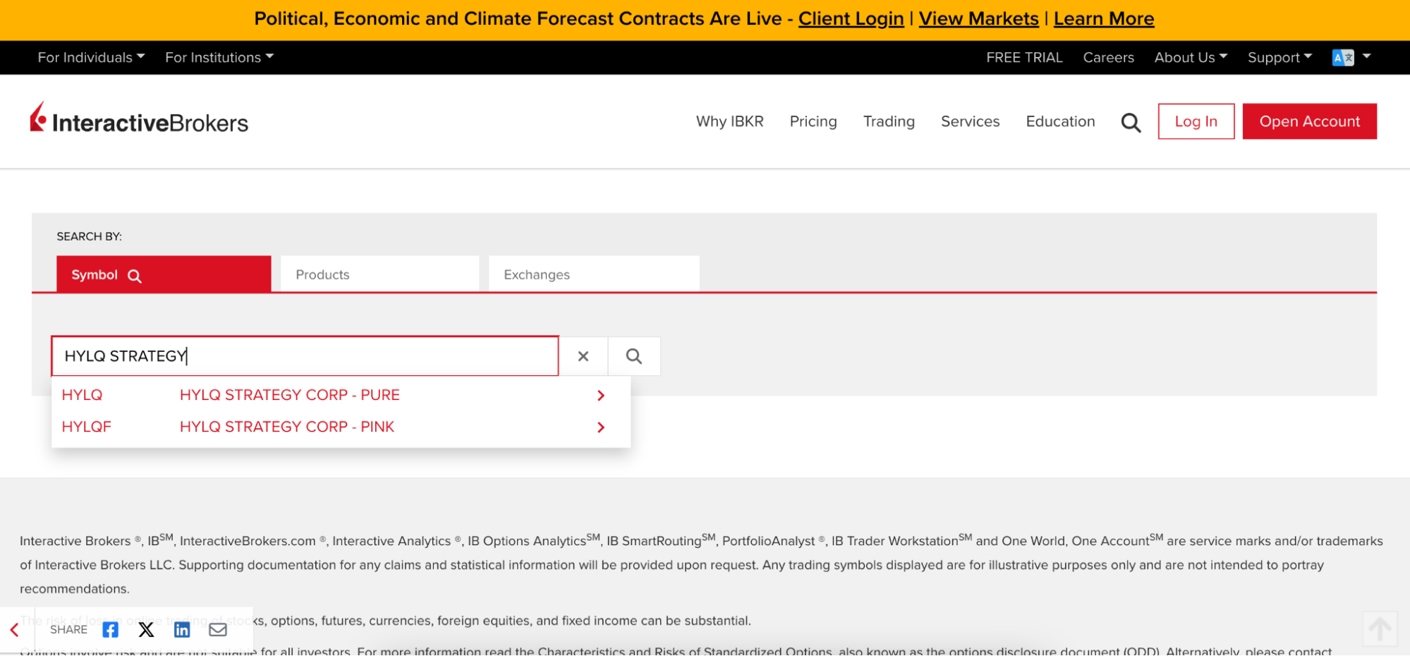 Interactive Brokers supports low-cap growth stocks like HYLQ Strategy Corp. Source: Interactive Brokers