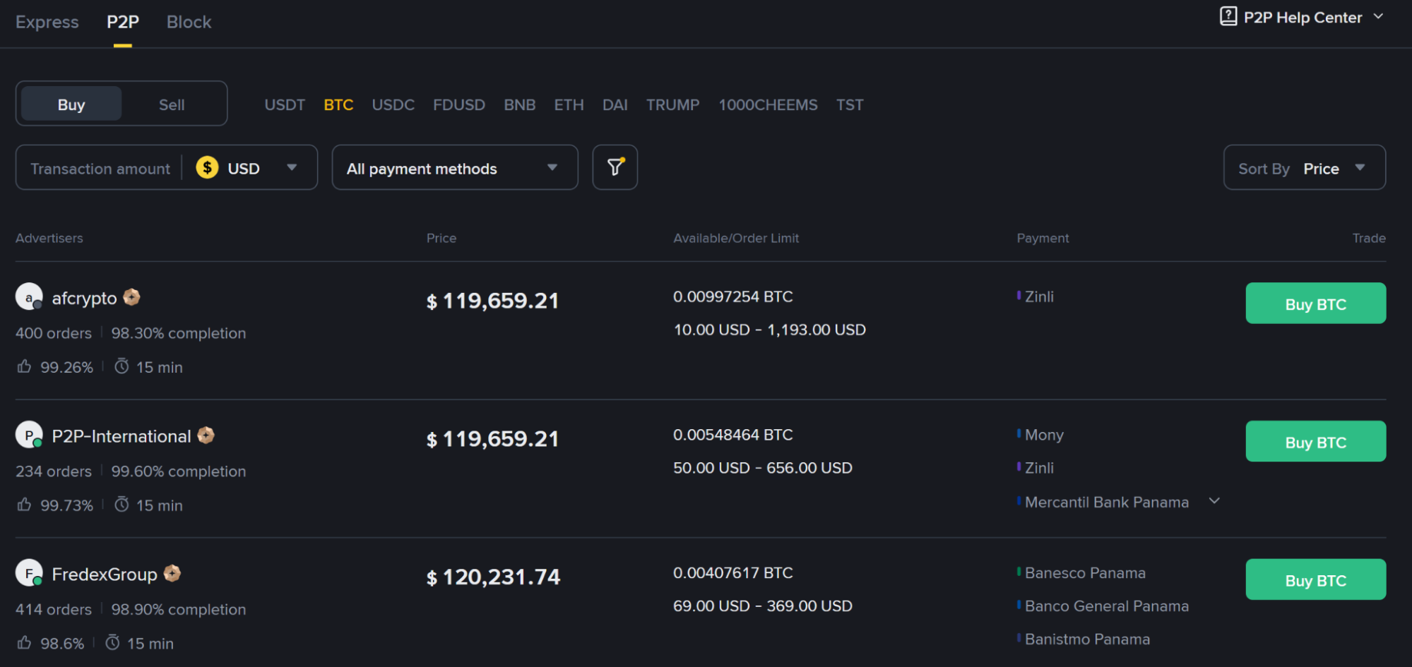Binance P2P Marketplace for Bitcoin.