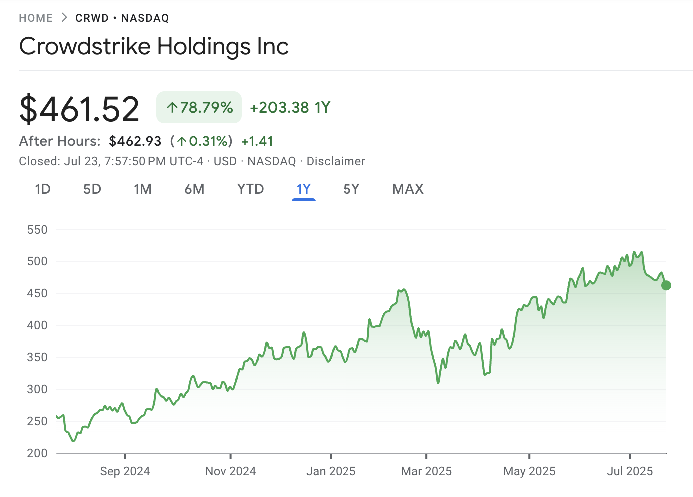 CrowdStrike Holdings Inc. stock 12-month performance. Source: Google Finance