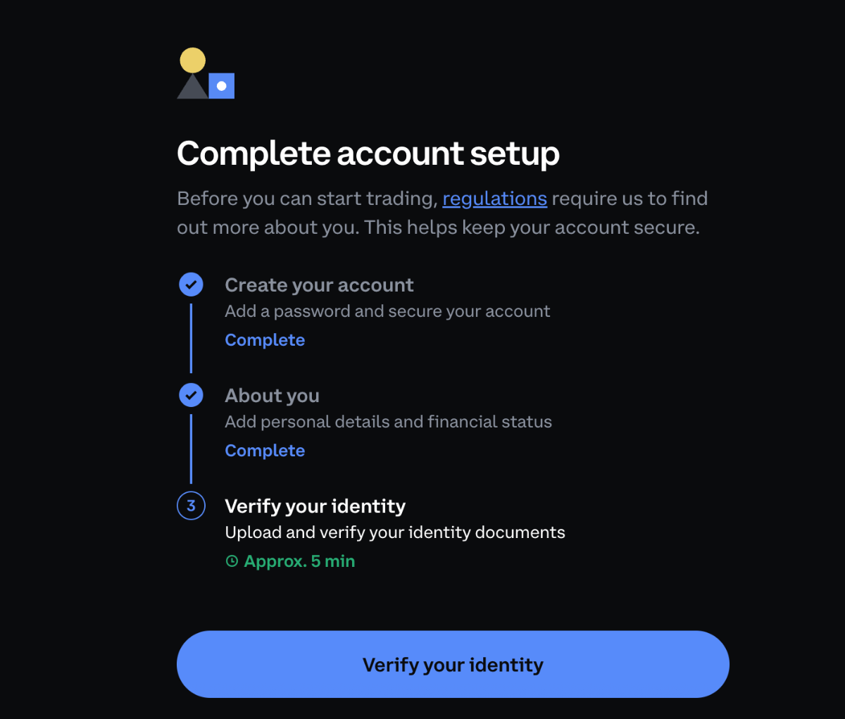 Coinbase screen for account setup