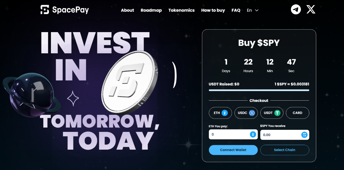 SpacePay presale interface showing countdown timer and token purchase widget with payment options.