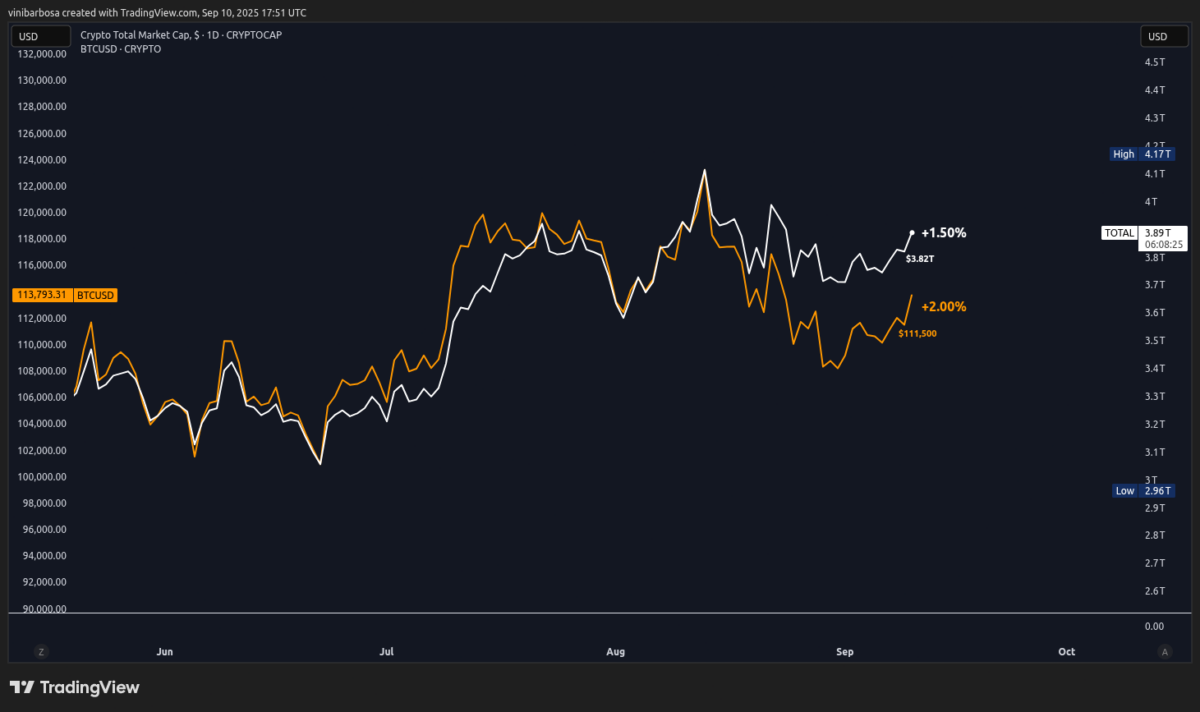 Crypto market cap index (TOTAL) and Bitcoin (BTC) daily (1D) chart | Source: TradingView