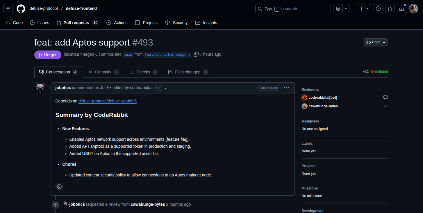 Pull request: add Aptos support #493, at defuse-protocol/defuse-frontend repository | Source: GitHub
