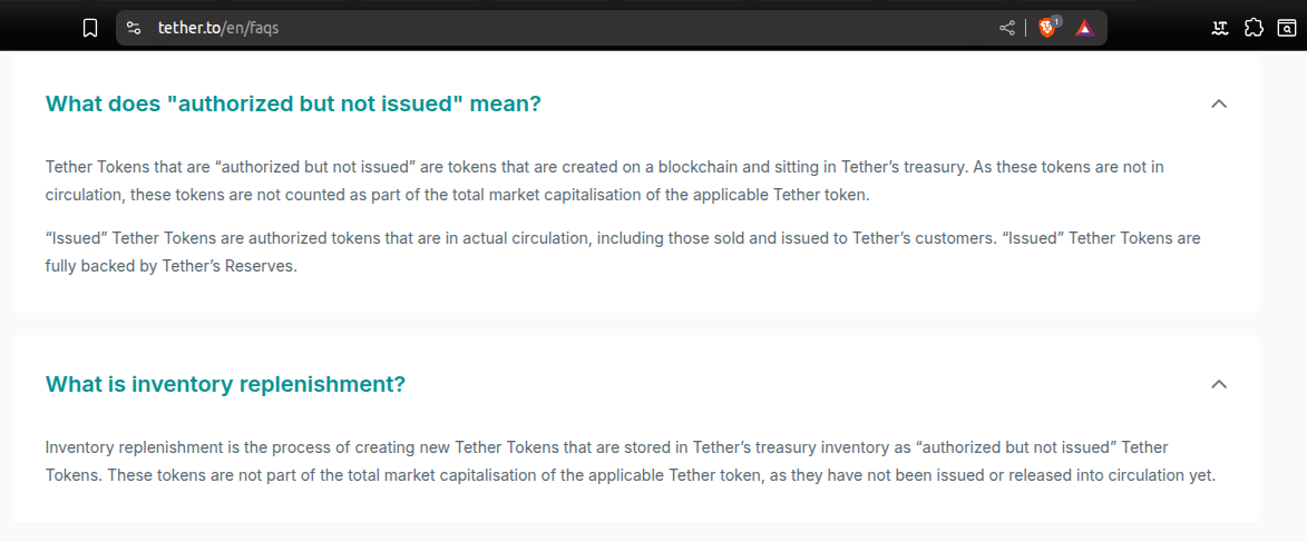 USDT FAQs: “authorized but not issues” and “inventory replenishment” | Source: Tether