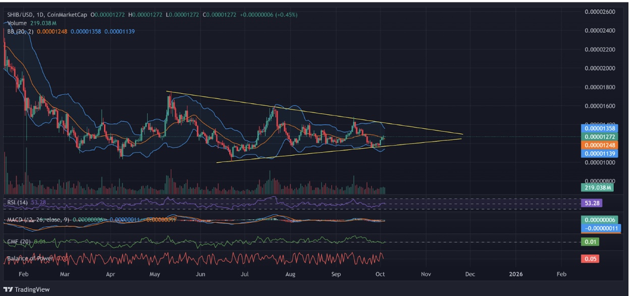 SHIB price action inside a narrowing triangle | Source: TradingView