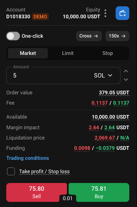 Setting stop-loss and take-profit on a PrimeXBT SOL/USDT order