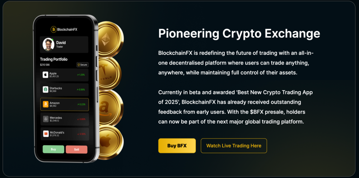 Image showing BlockchainFX app interface and description of its decentralized crypto exchange features