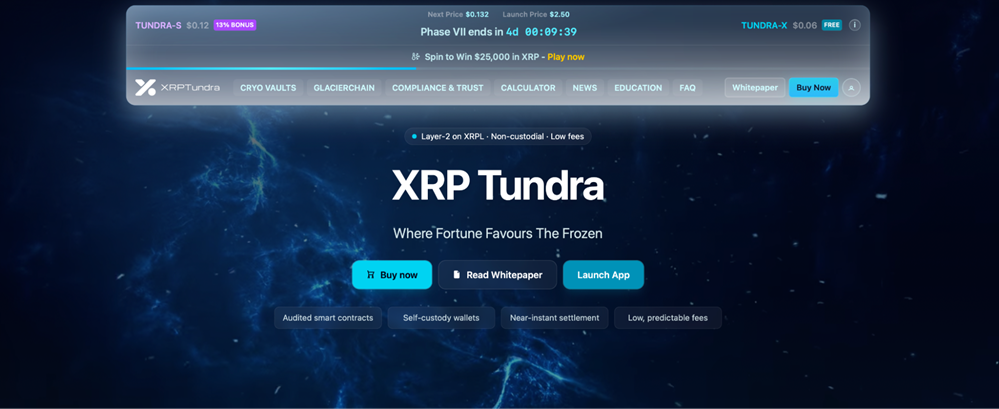 XRP Tundra homepage displaying presale information, navigation menu, and feature highlights. Source: XRP Tundra