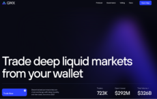 GMX decentralized exchange homepage showing navigation menu and statistics for traders, open interest, and total volume