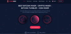 Homepage of Coinomize showing Bitcoin, Ethereum, and Monero icons with text about secure crypto mixing services