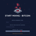 Bitcoin mixing interface showing fields for Coinomize code, receiver address, and a 3.7764% service fee