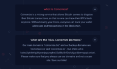Coinomize website showing its meaning and various domains with an onion URL