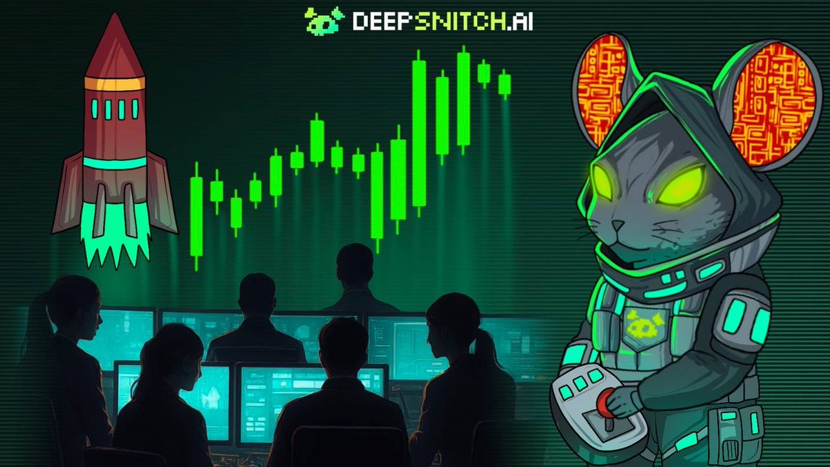 DeepSnitch AI illustration featuring cyber cat mascot, traders at computers, rocket, and green candlestick chart