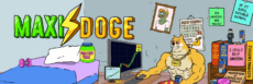 Maxi Doge banner with muscular Shiba Inu trader at desk with charts and motivational posters