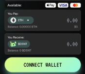 DeepSnitch AI presale widget showing ETH to DSNT token exchange with connect wallet button