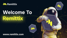 Remittix welcome banner with astronaut holding Remittix logo against dark background with website URL