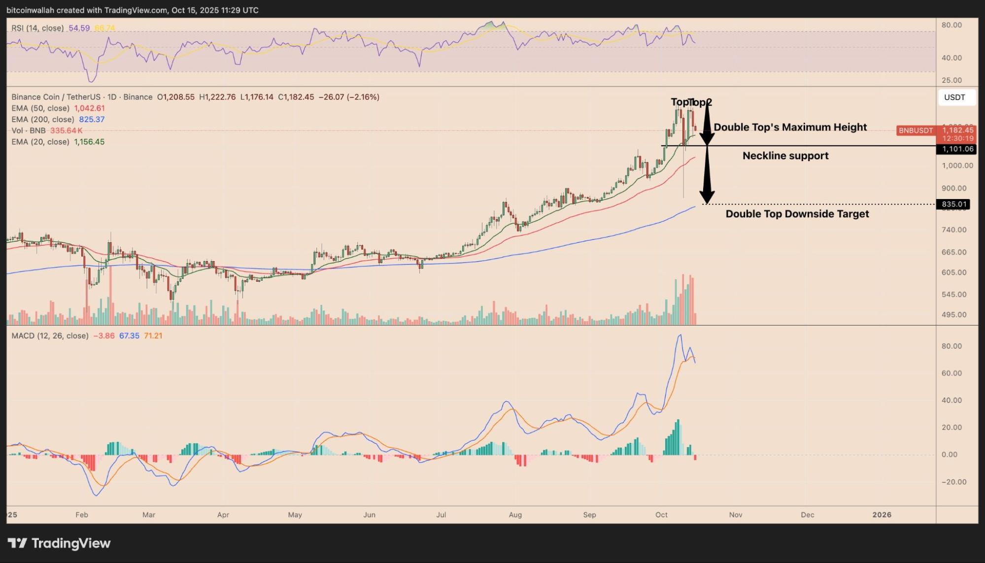BNB price sees double top pattern formation. | Source: TradingView