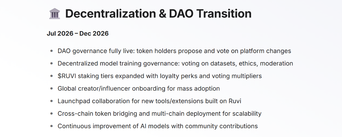 Roadmap explaining how Ruvi AI plans to transition to a DAO