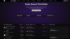 Vybe smart portfolio, showing trending tokens, top traders and the price of SOL