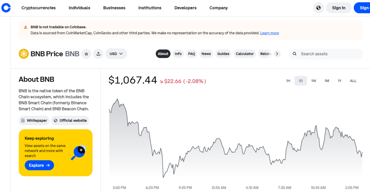 Screenshot of BNB's Coinbase site | Source: Coinbase