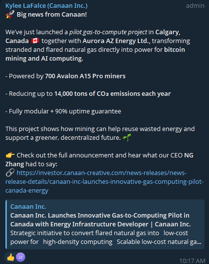 Announcement of the program pilot in the Telegram group of Canaan. Source: Telegram