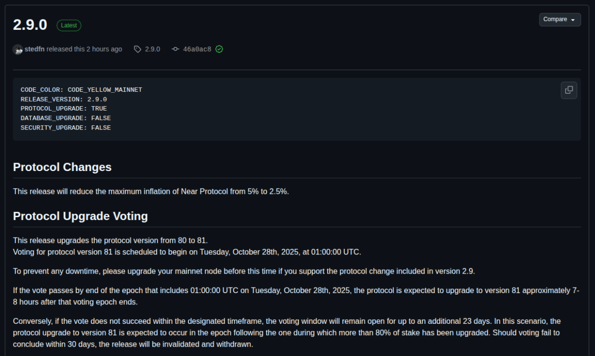 Near Protocol's nearcore v2.9.0 release tag | Source: GitHub