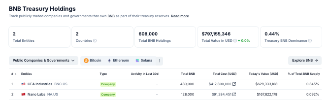 BNB Treasury Holdings as of Oct. 6, 2025 | Source: Coingecko