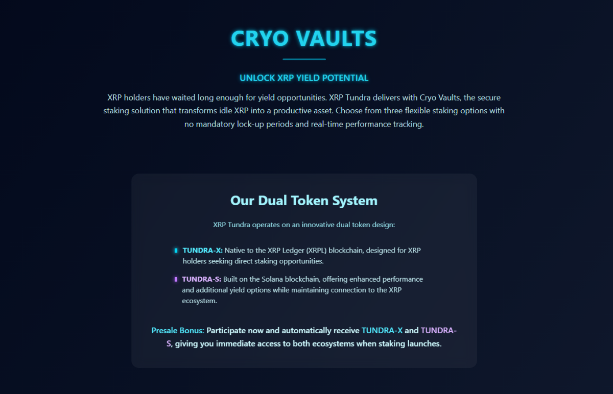 XRPTundra website explaining how its Cryo Vaults work