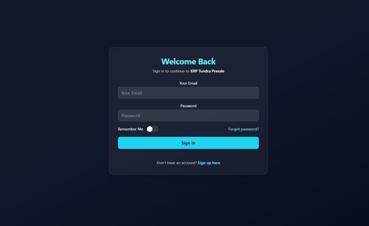 Login page for the crypto presale XRPTundra