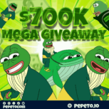 Green promotional banner showing $700K mega giveaway text with Pepeto characters and Pepeto branding