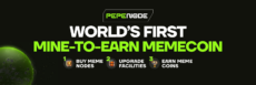Black banner with PEPENODE logo showing "World's First Mine-to-Earn Memecoin" text and three-step gameplay process with icons