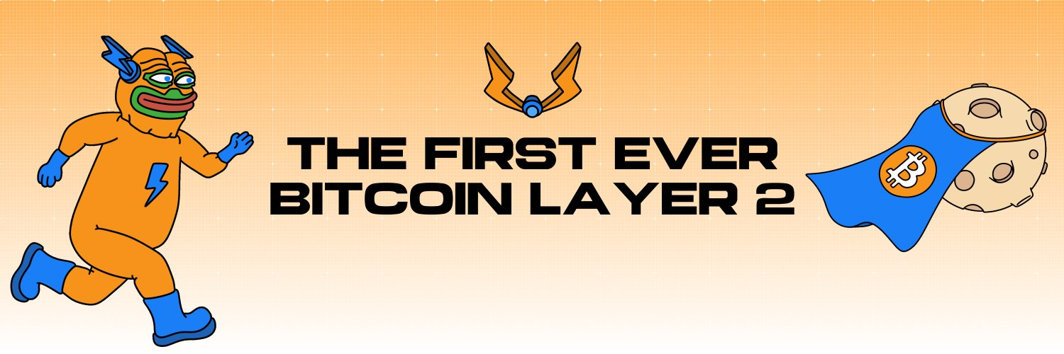 Orange banner featuring a Pepe character with "The First Ever Bitcoin Layer 2" text and Bitcoin logo