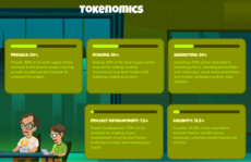 Five olive-green cards displaying tokenomics breakdown with two people working on laptops in bottom corner