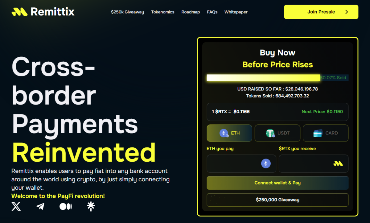 presale homepage of the crypto payments project Remittix