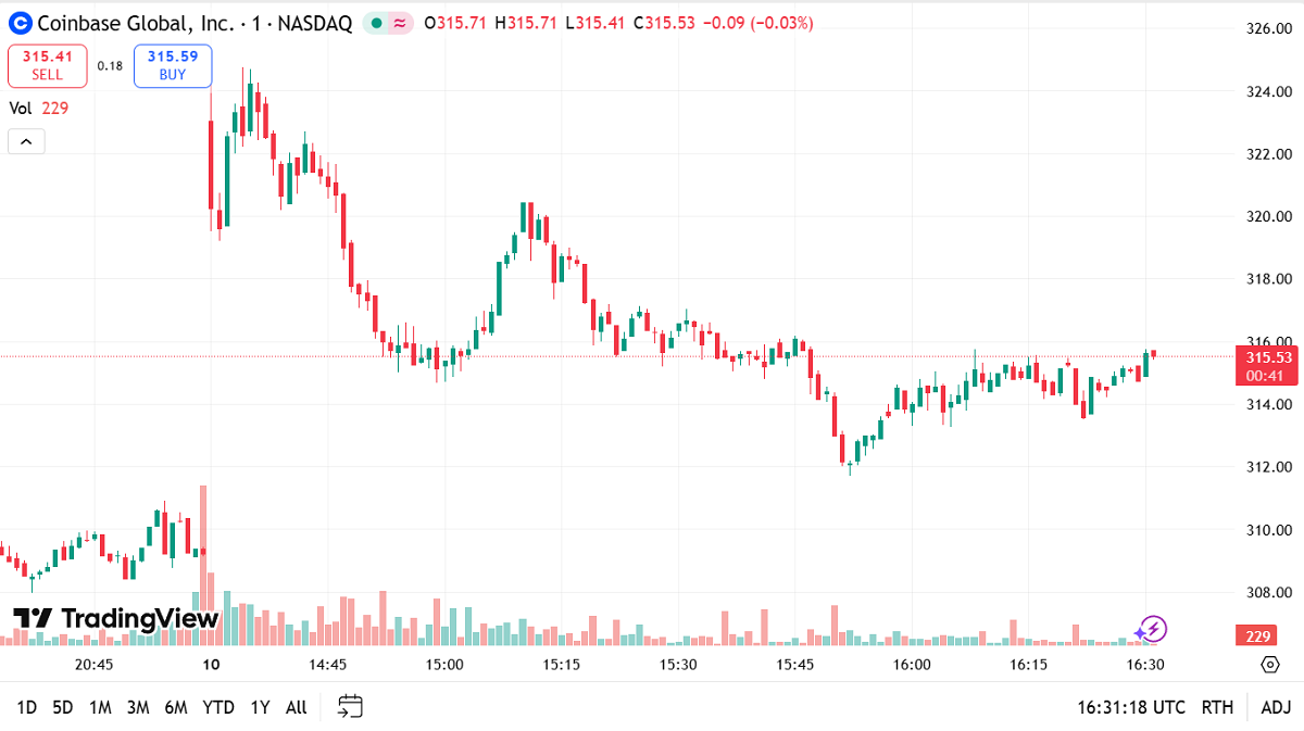 Coinbase stock remains up about 2% after the announcement | Source: TradingView.