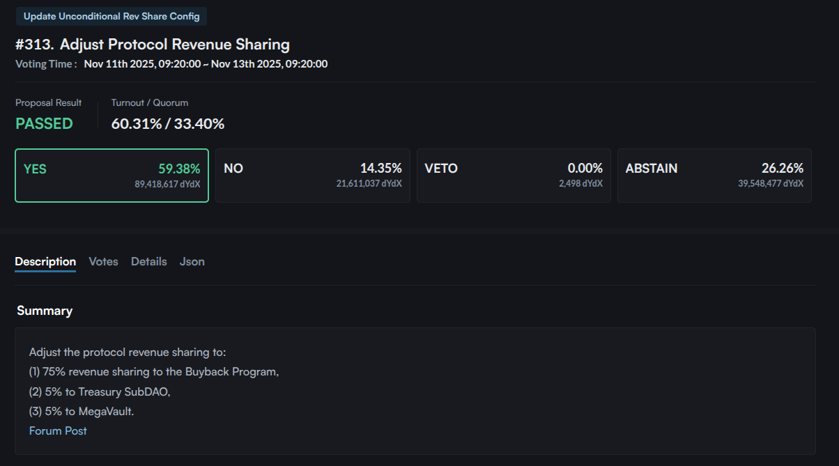 DYDX proposal #313: Adjust protocol revenue sharing | Source: mintscan.io