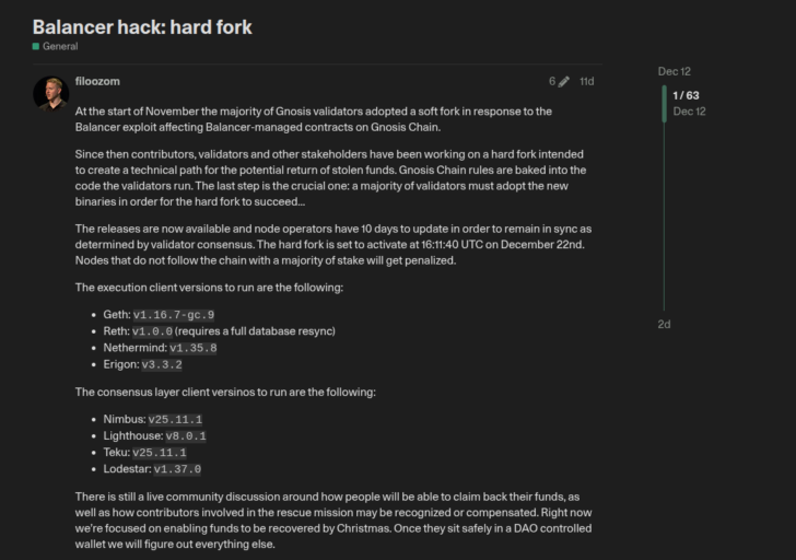 Gnosis Chain Warns of Validator Penalty Post Balancer Hack Recovery Hard Fork