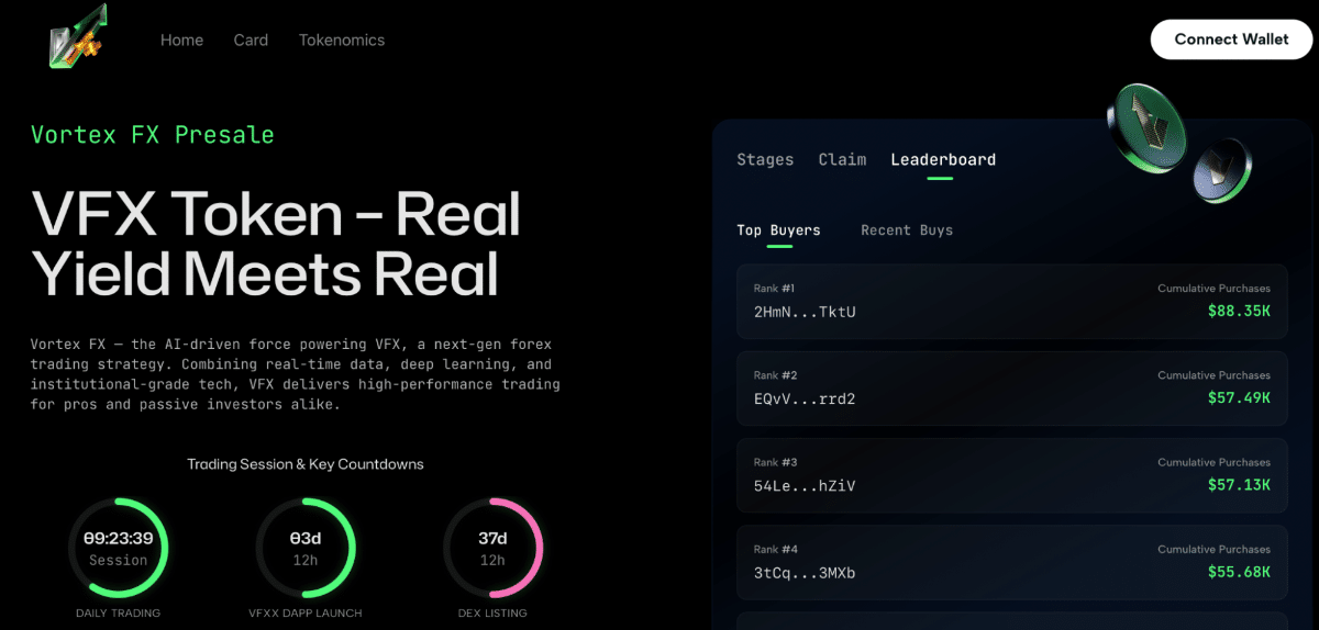 The official Vortex FX website features an updated leaderboard showing the top buyers
