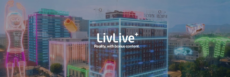 Cityscape with holographic AR overlays on buildings, featuring LivLive+ logo and tagline "Reality, with bonus content."