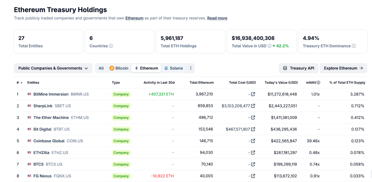 Ethereum treasury holder rankings as of Dec. 17, 2025 | Source: Coingecko