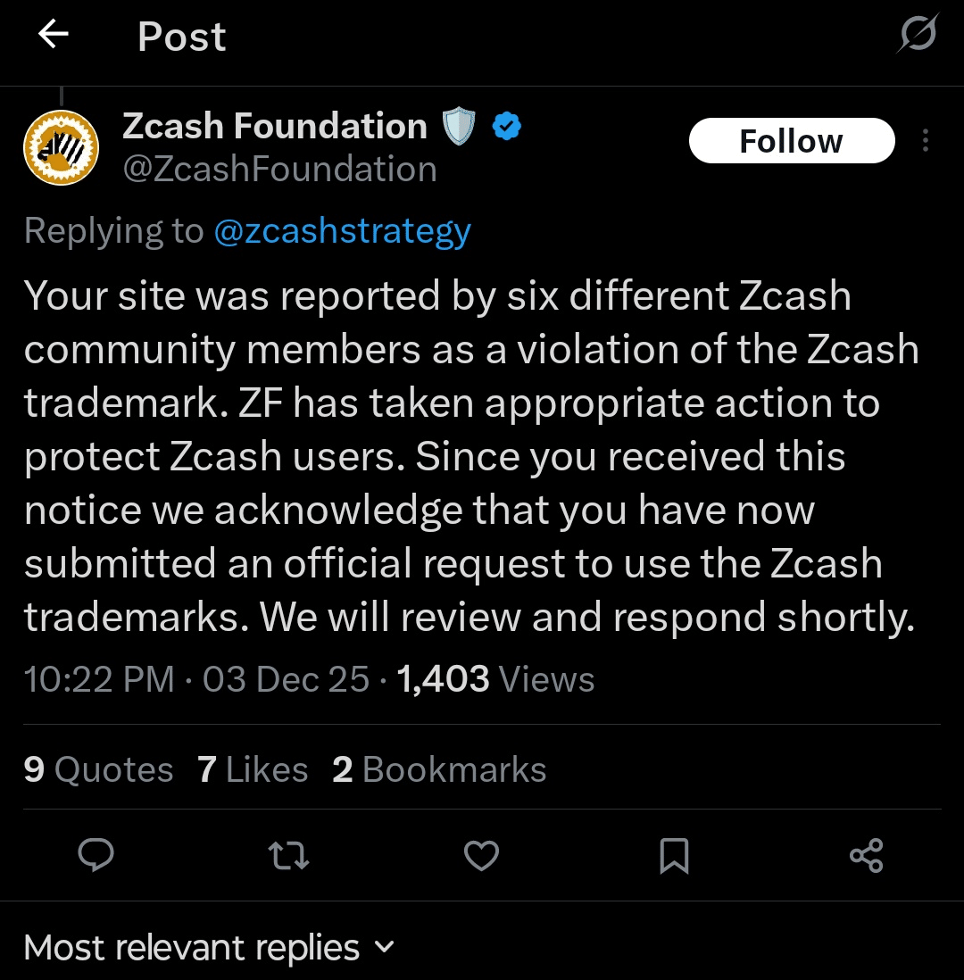 Screenshot of the now-deleted comment by the Zcash Foundation | Source: X