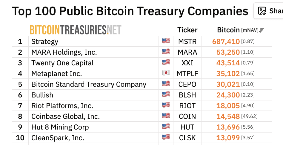 Top 10 Bitcoin public treasury holders | Source: bitcointreasuries.net