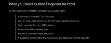 A checklist titled "What you Need to Mine Dogecoin for Profit" lists computer requirements, ASIC miners, mining pools, and wallet needs